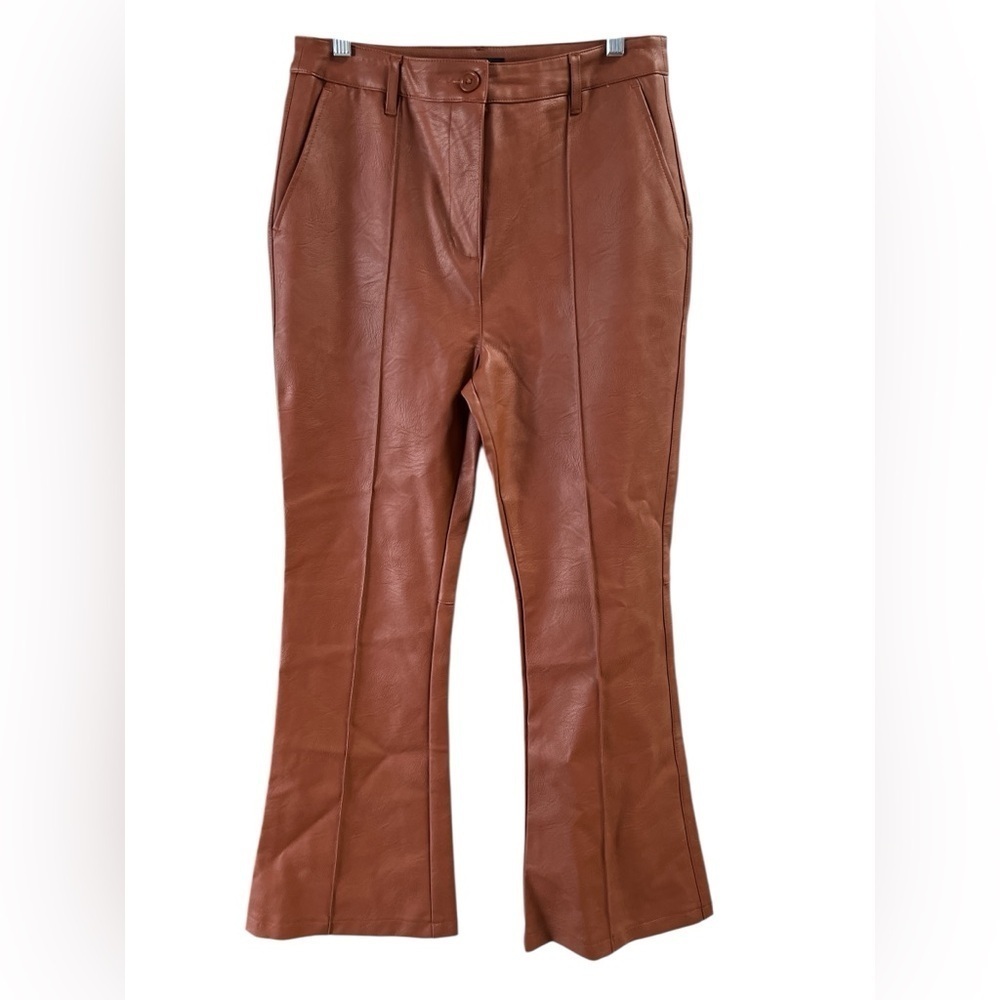 Brown faux leather flare pants